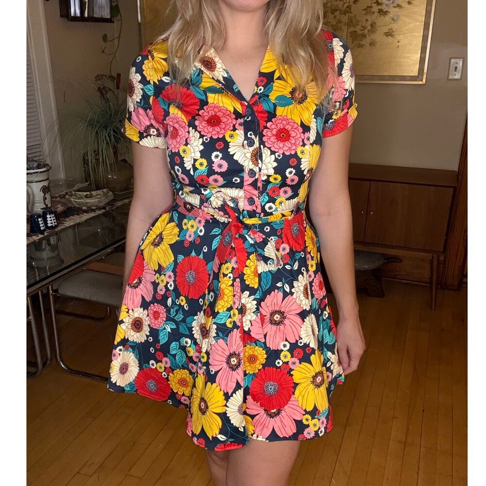 Eva Rose Dress Large Stretchy Floral Retro Daisy Sunflower Rockabilly Frizzle
